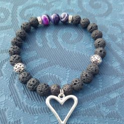 Chakra lava bead bracelet with banded agates and heart charm