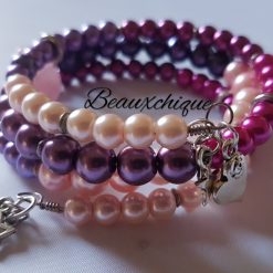 Shades of pink and purple 3 ring memory wire bracelet